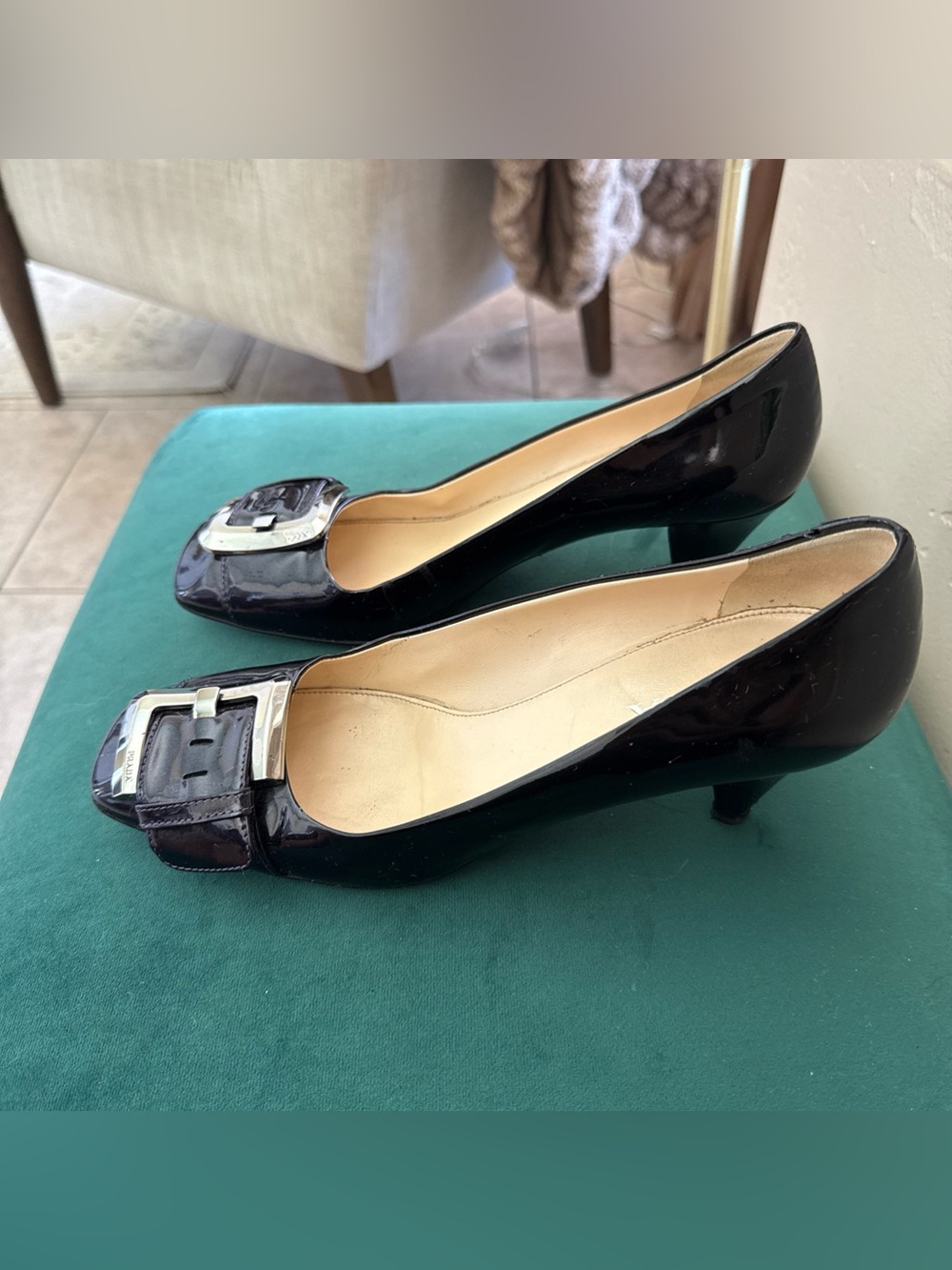 Prada Classic Black Patent Leather Low-Heel Pumps with Silver Buckle Italy